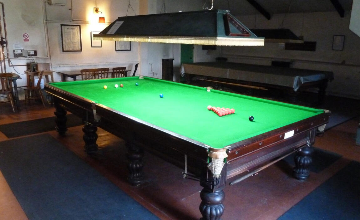 A snooker frame set out